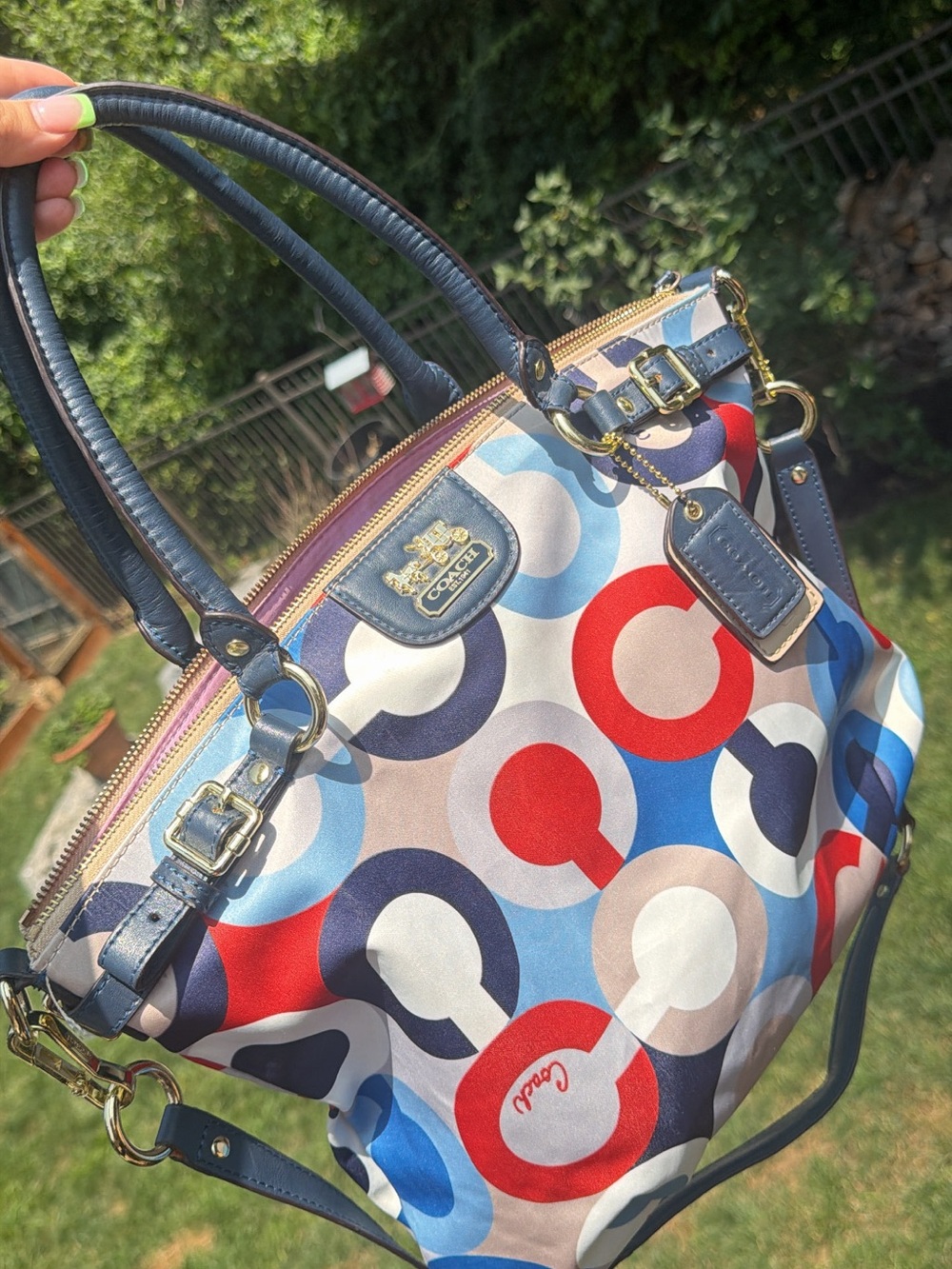 Coach Multicolor Circle Print Satchel - Blue/Red/Cream Pink interior